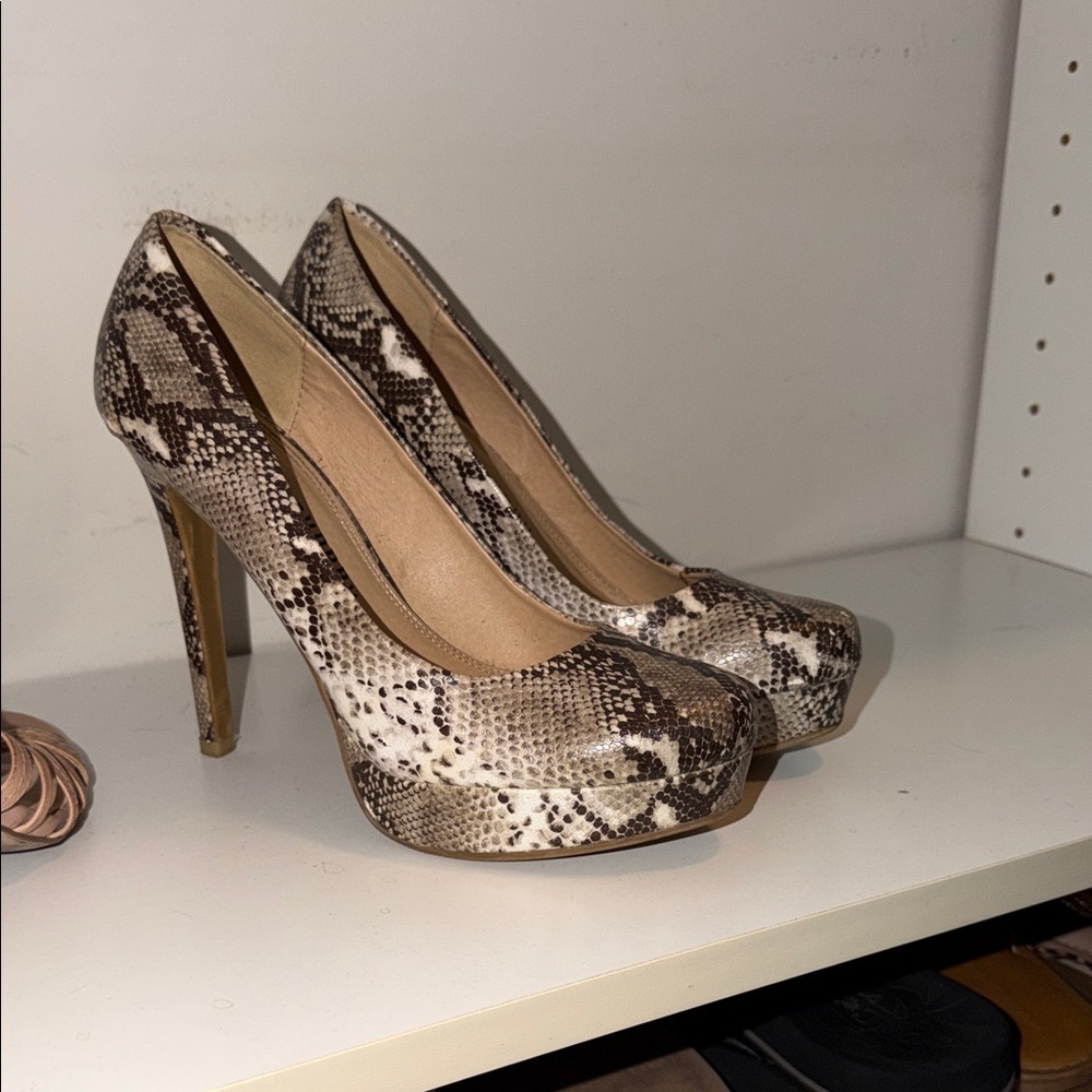 Chinese Laundry Snake-Print Platform Pumps in Brown and Cream